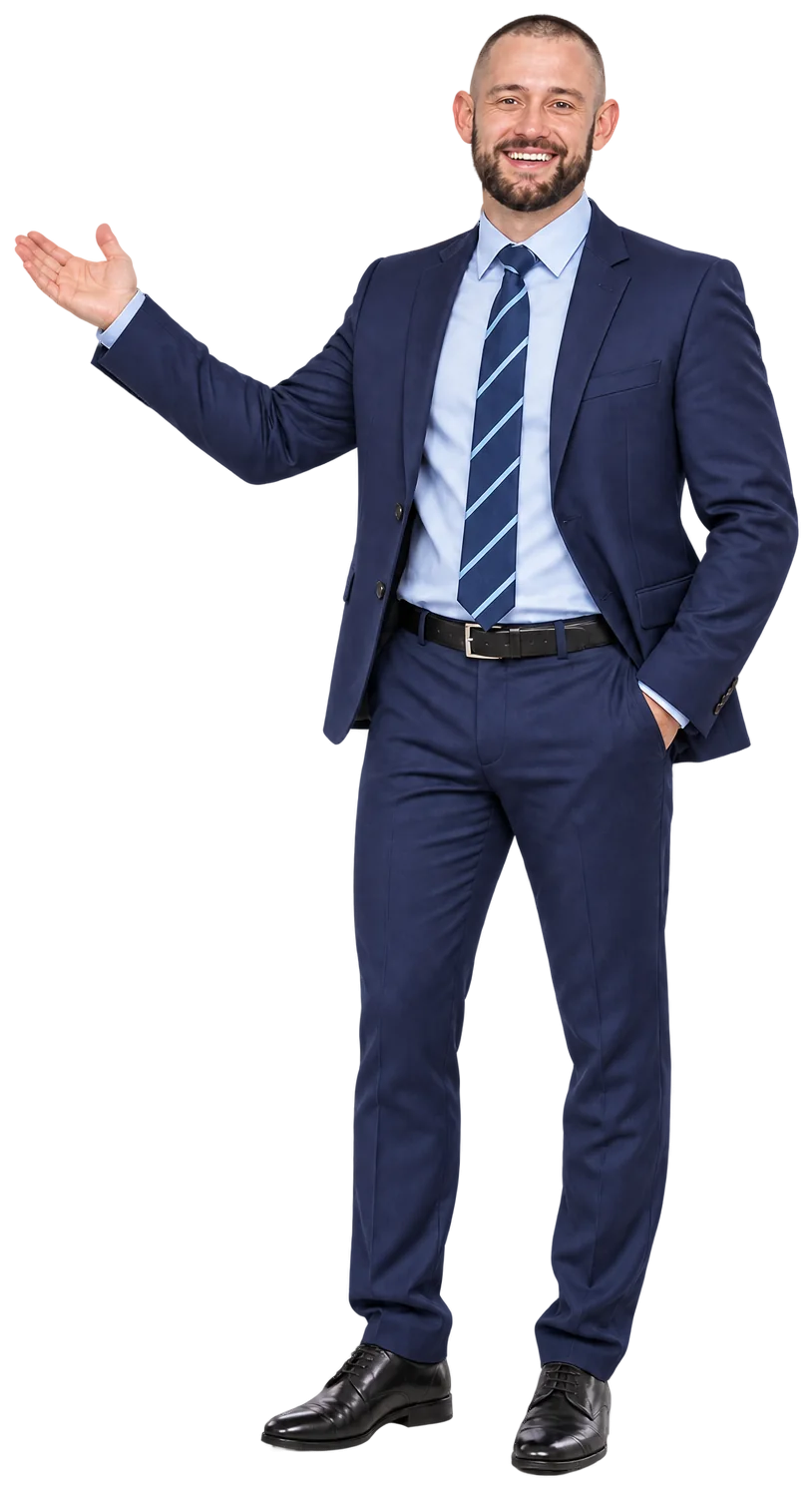 Toby Dobson smiling, in a navy suit, gesturing towards the page